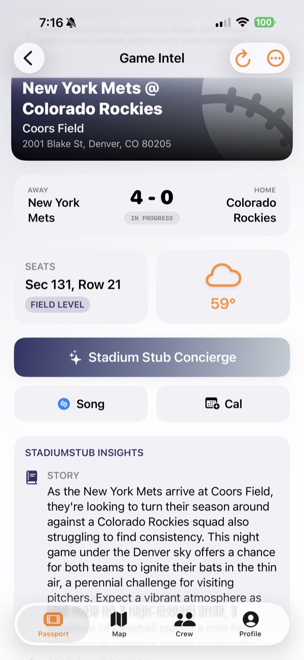 Game Intel screen showing live score, seat location, weather and the Stadium Stub Concierge.