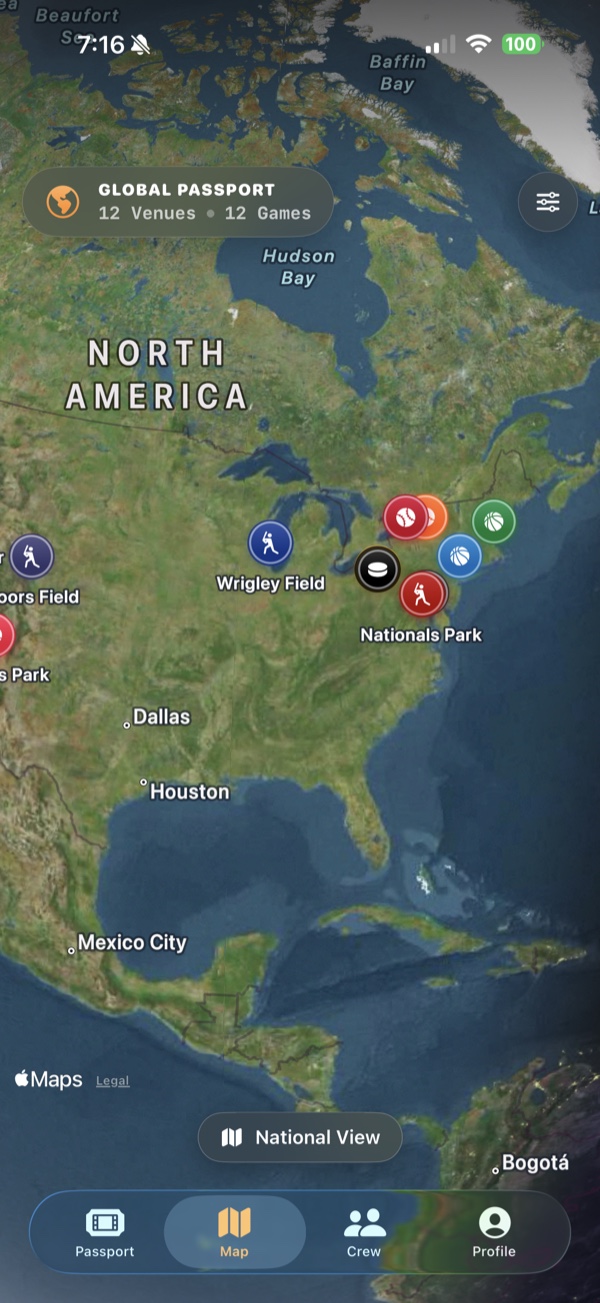Map of North America with StadiumStub venue pins marking twelve attended stadiums.