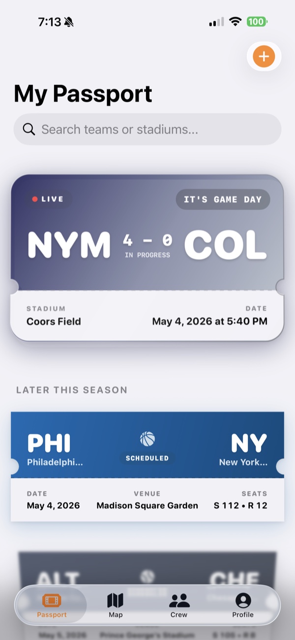 StadiumStub passport screen showing a live Mets at Rockies ticket with an in-progress score.