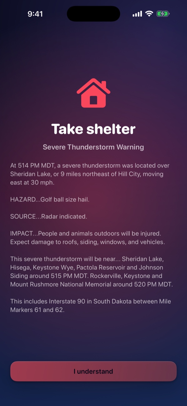 The Heavens Take Shelter Severe Thunderstorm Warning and Threat Matrix on iPhone.